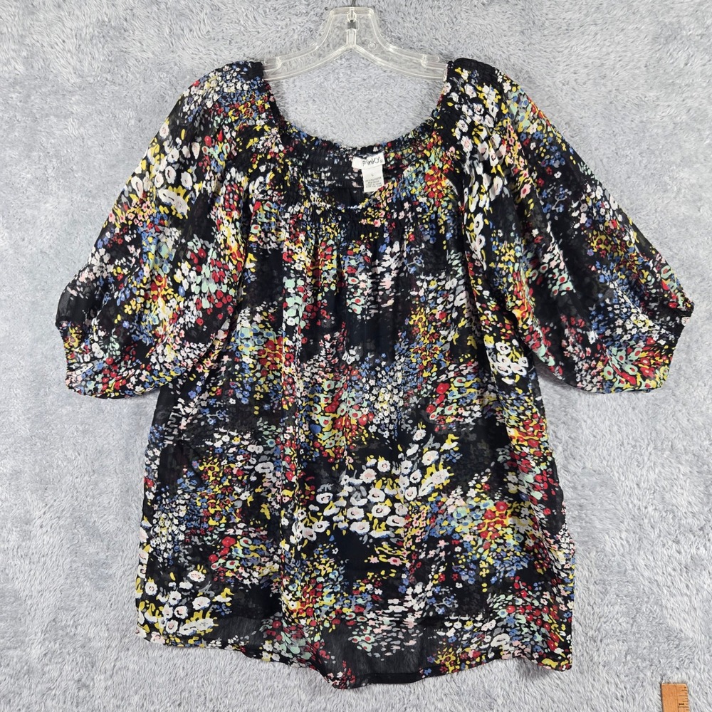 Pinky Womens Floral Smocked Balloon Sleeve Blouse Black Multi Color‎ Large Boho